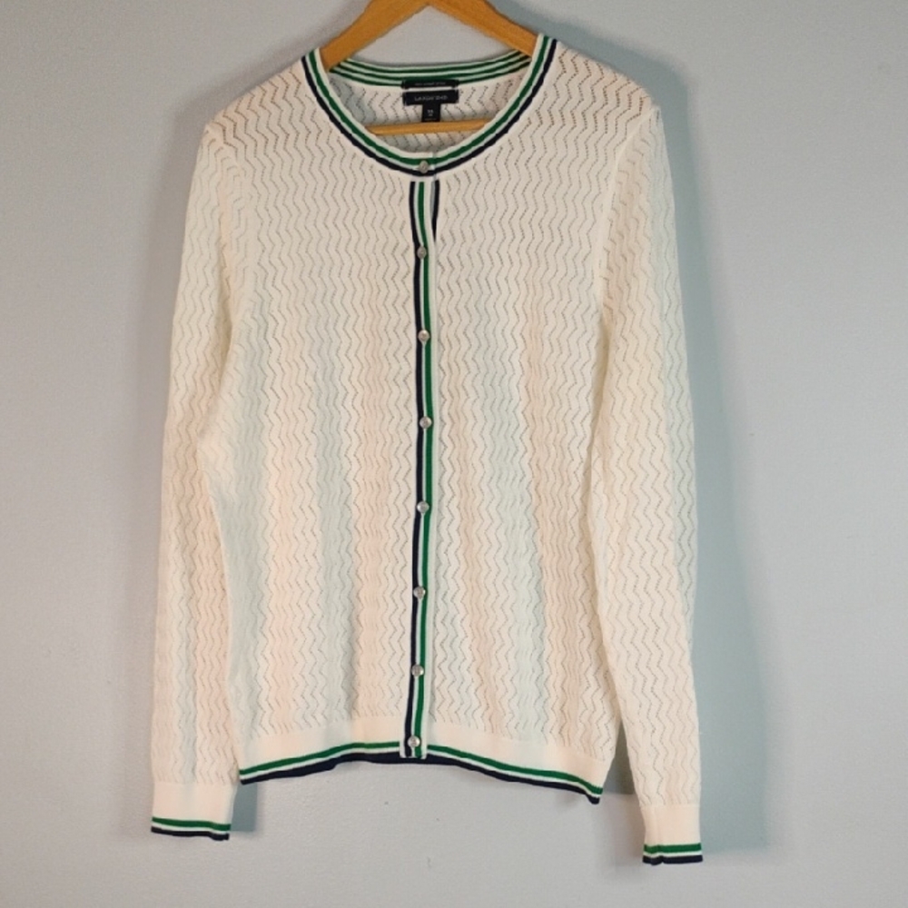 Lands' End White Cardigan w/ Green Navy Stripes Lightweight Knitted Cardigan XL